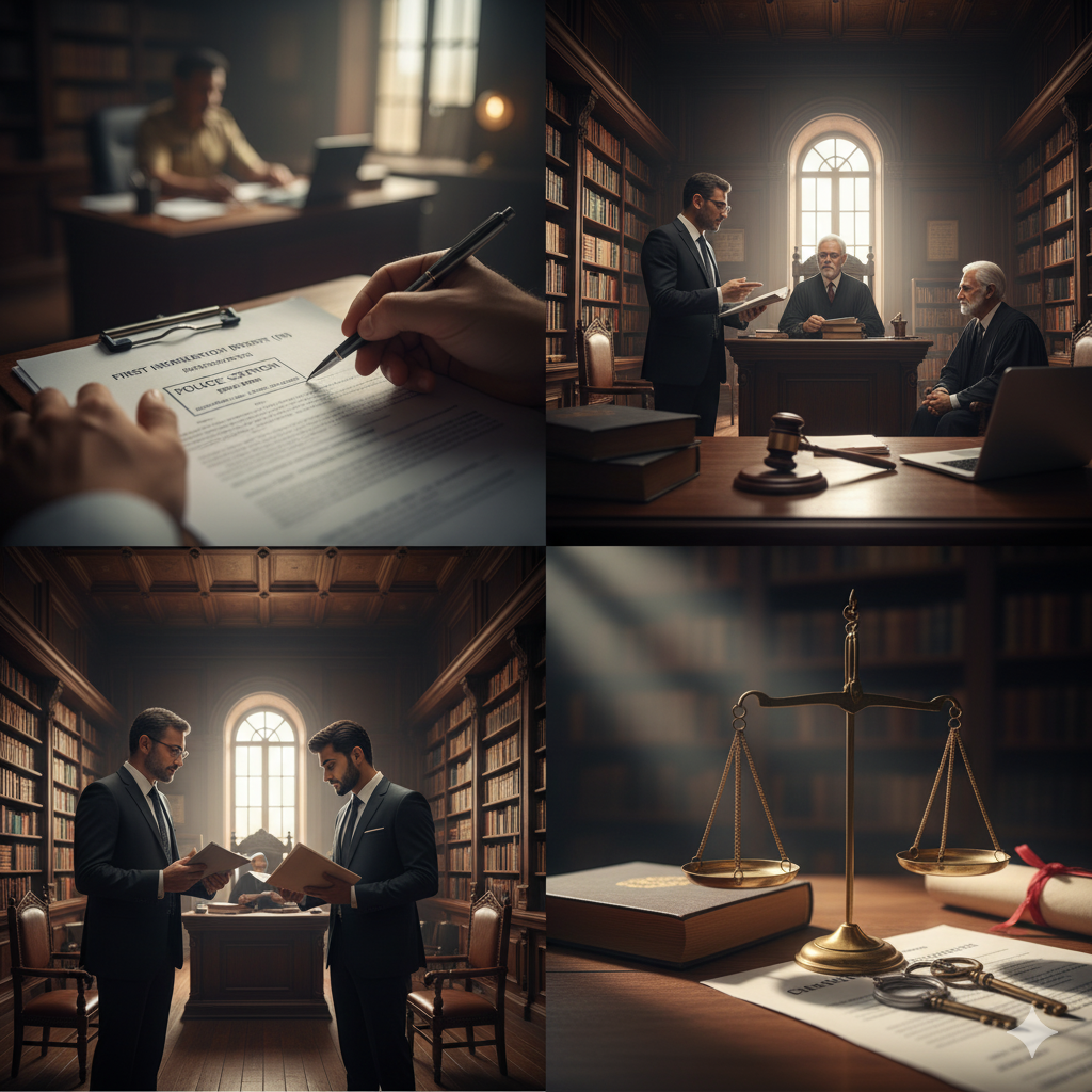 A lawyer presenting arguments to a judge in a formal courtroom setting, with legal documents and a gavel on the table.