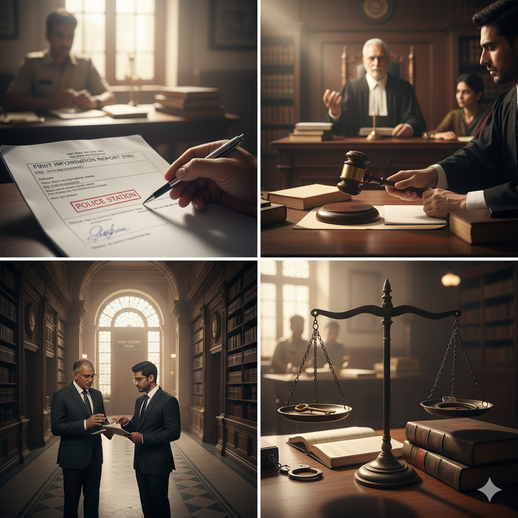 Two legal professionals, possibly a senior and junior lawyer, reviewing documents in a grand, book-lined courthouse hallway.