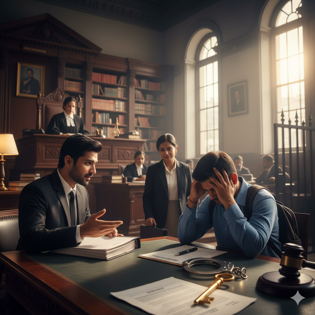 A lawyer provides counsel to a concerned client in a law office.