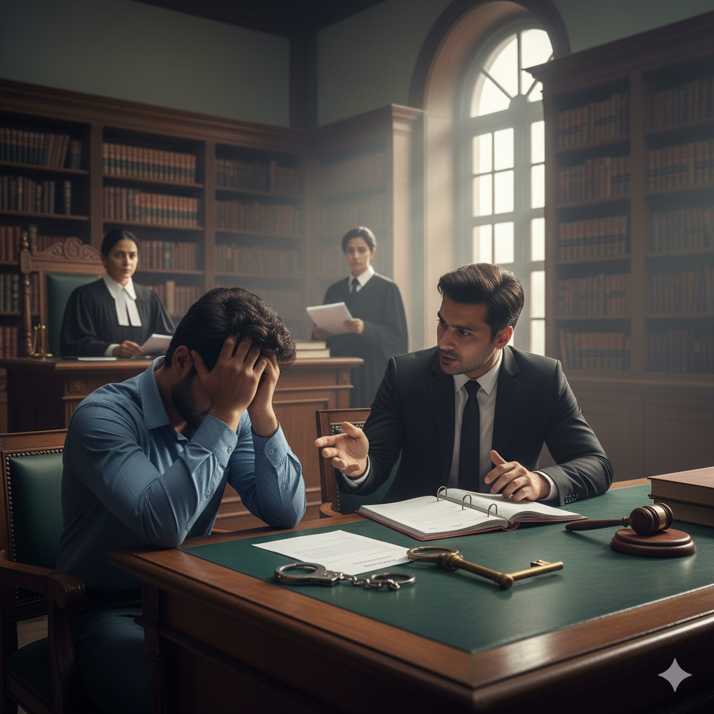 A symbolic image showing a golden key next to a pair of handcuffs, representing freedom through the bail process.